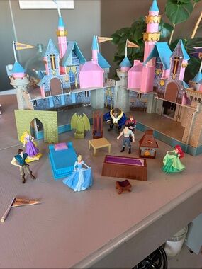 Retired Disney Pink, Blue & Gold Princess Castle Playset with Figures
